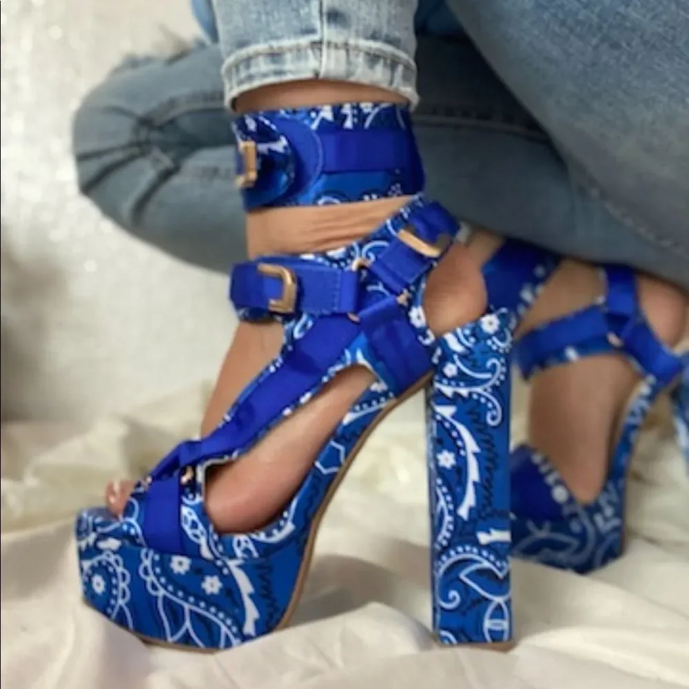 Blue Bandana Platform Heels | Chunky Block Buckle Strap Sandals